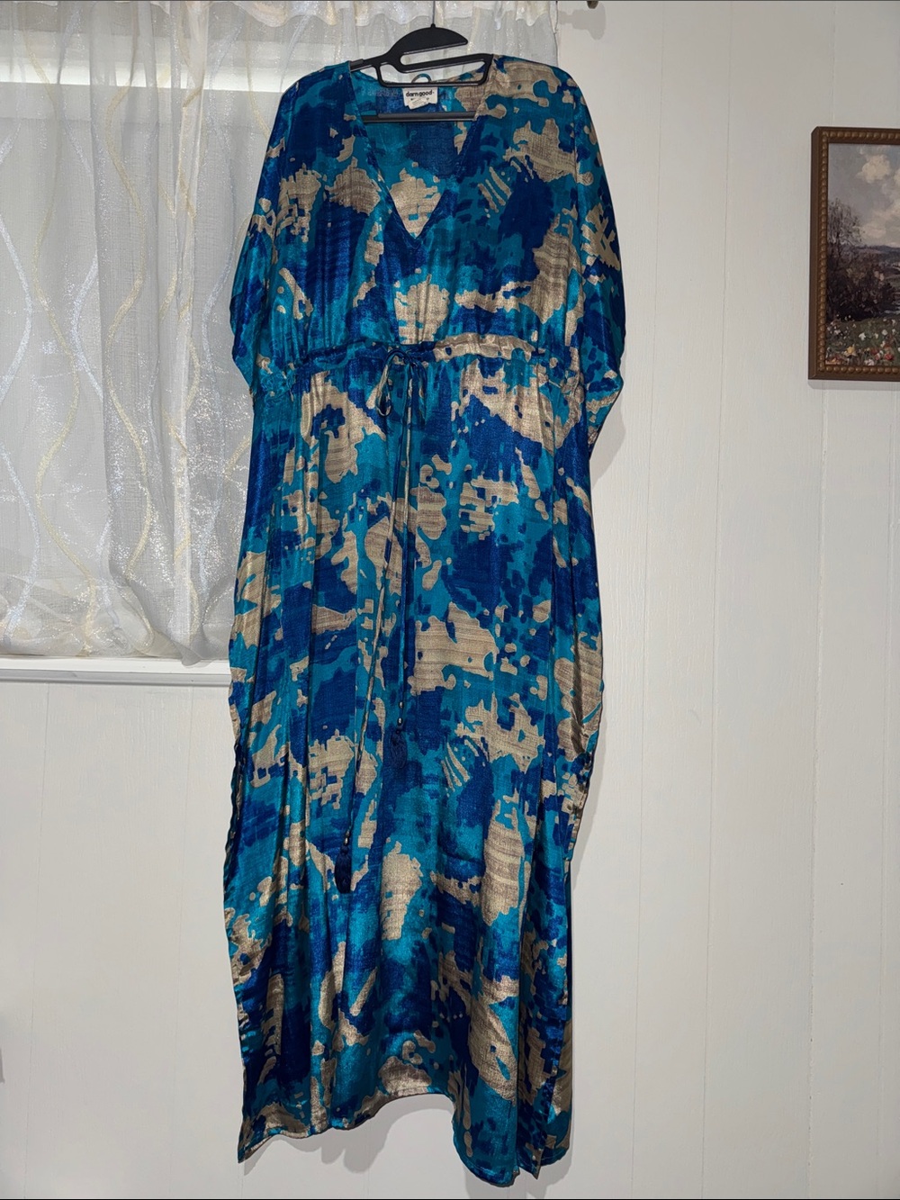 Abstract Blue & Gold Maxi Dress with Waist Tie